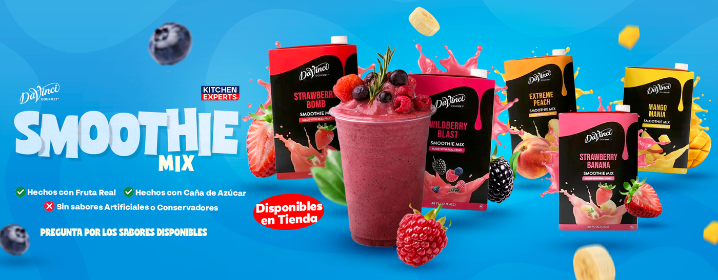 Smoothie Mix DaVinci hecho con fruta real y caña de azúcar, sin sabores artificiales. Deliciosos, naturales y fáciles de preparar. Disponible en tienda.