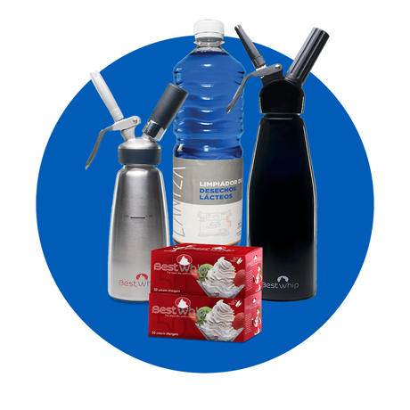 Equipo profesional para montar crema batida y espumas: sifones metálicos Best Whip, cargas de óxido nitroso (N2O) y líquido limpiador de residuos lácteos. Ideal para cafeterías, repostería, coctelería y cocinas profesionales. Utensilios resistentes y fáciles de usar para montar crema, hacer espumas dulces o saladas, y mantener la higiene del equipo. ¡Compra sifones y cargas de crema al mayoreo en México con envío rápido!