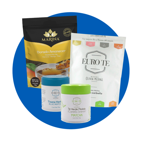 Tés y tisanas frutales y herbales premium de las marcas Euro Té y Marina. Incluye variedades como té verde molido (matcha), blue matcha, tisanas tropicales con mango, piña y durazno, y mezclas exclusivas de Olivia Medina. Perfectos para preparar infusiones naturales calientes o frías. Ideales para cafeterías, restaurantes, spas o consumo personal en México. Ingredientes naturales, sin conservadores. ¡Compra tés e infusiones gourmet al mayoreo con envío a todo el país!