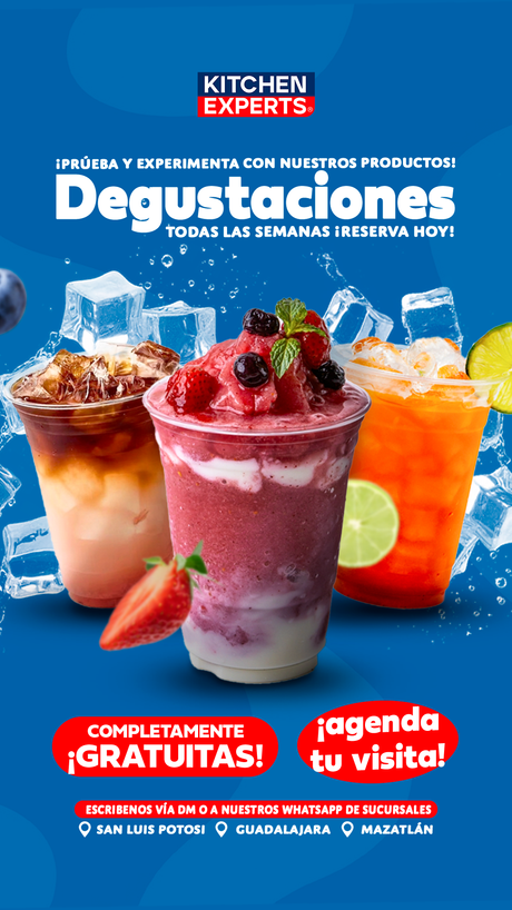 Degustaciones gratuitas de bebidas Kitchen Experts en San Luis Potosí, Guadalajara y Mazatlán. Prueba smoothies de frutas, tés helados y café. Eventos semanales. Reserva tu lugar por WhatsApp o mensaje directo.