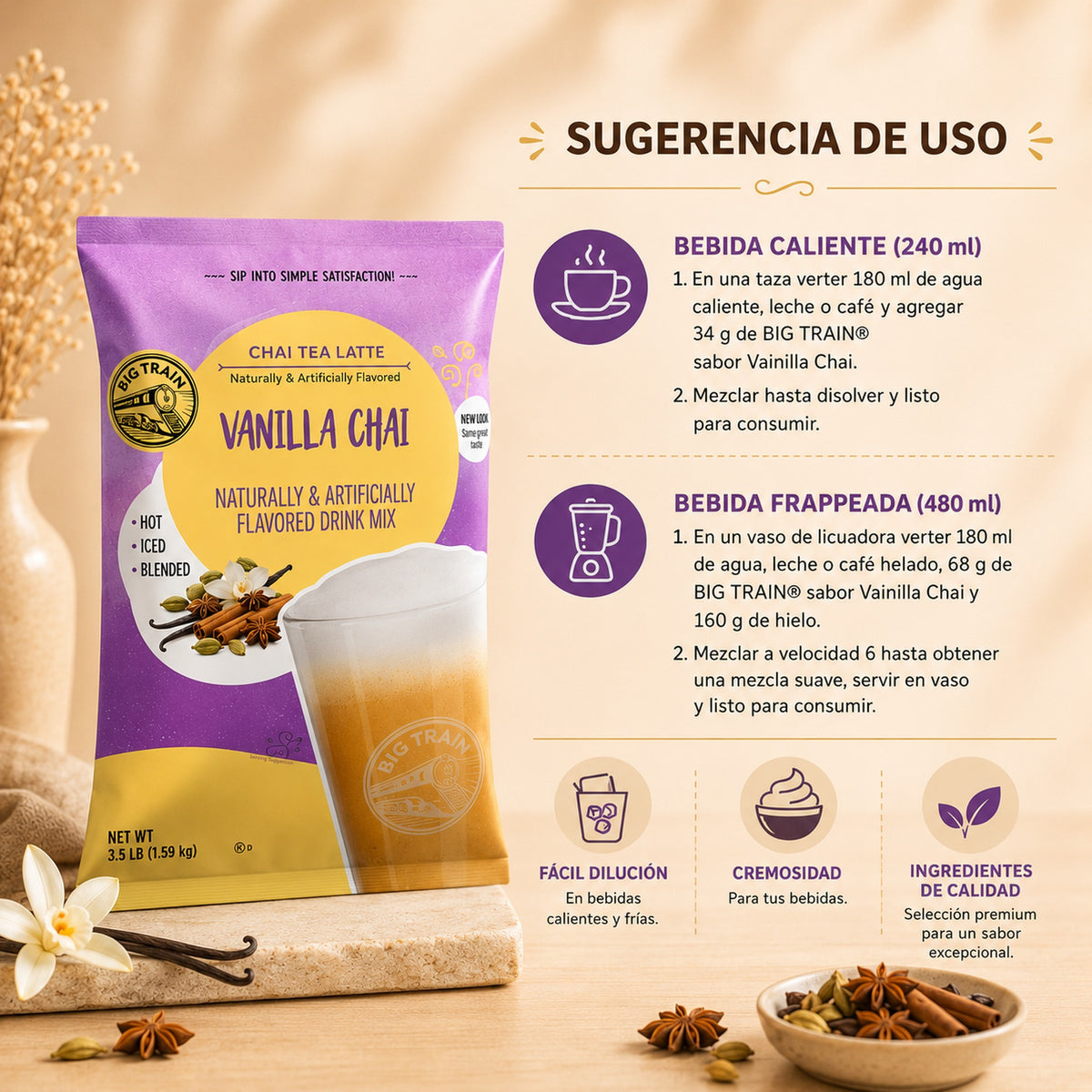 Base Big Train Chai Vainilla Bolsa 1590 Gramos - modo preparacion