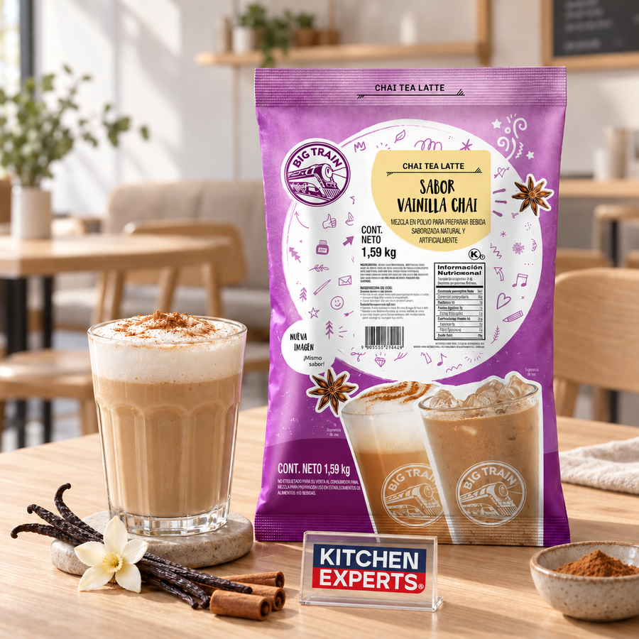 Base Big Train Chai Vainilla Bolsa 1590 Gramos en escena con letrero central Kitchen Experts