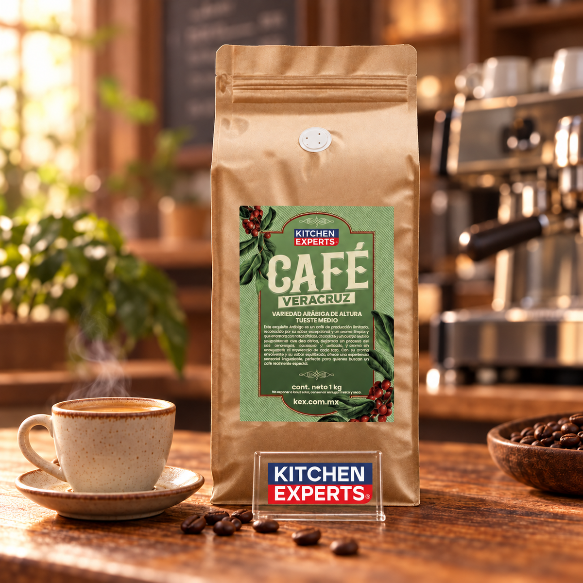 Café Veracruz 1kg | Sabor Mexicano Auténtico y Aromático en escena de cafetería con letrero KEX al centro
