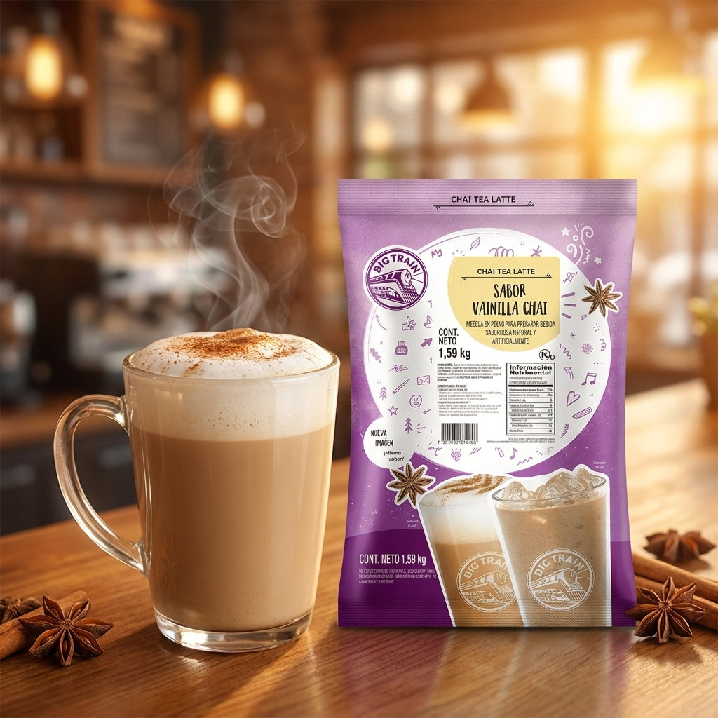 Chai latte caliente preparado con Base Big Train Chai Vainilla - bebida para cafeteria