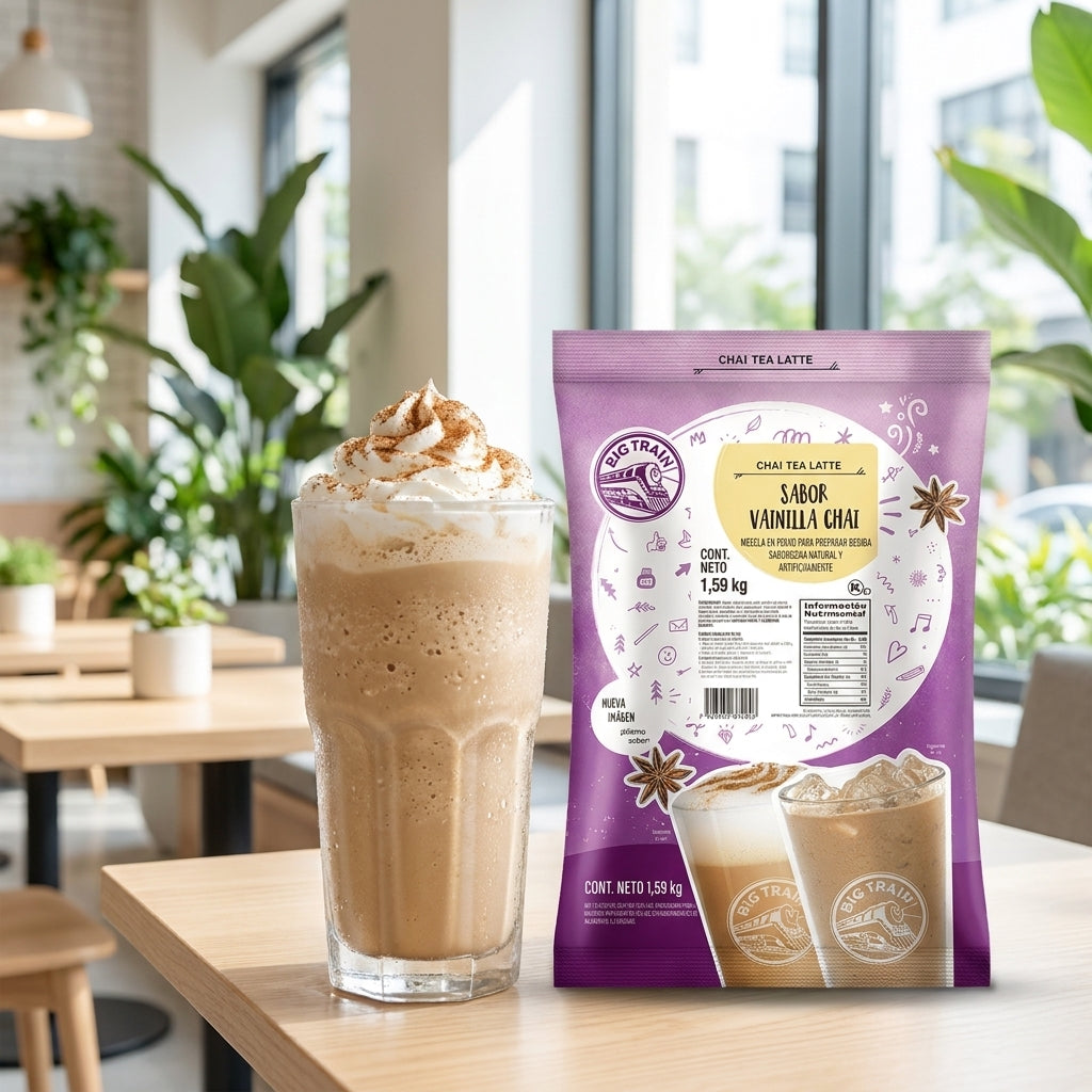 Chai frappe helado preparado con Base Big Train Chai Vainilla - bebida fria para cafeteria