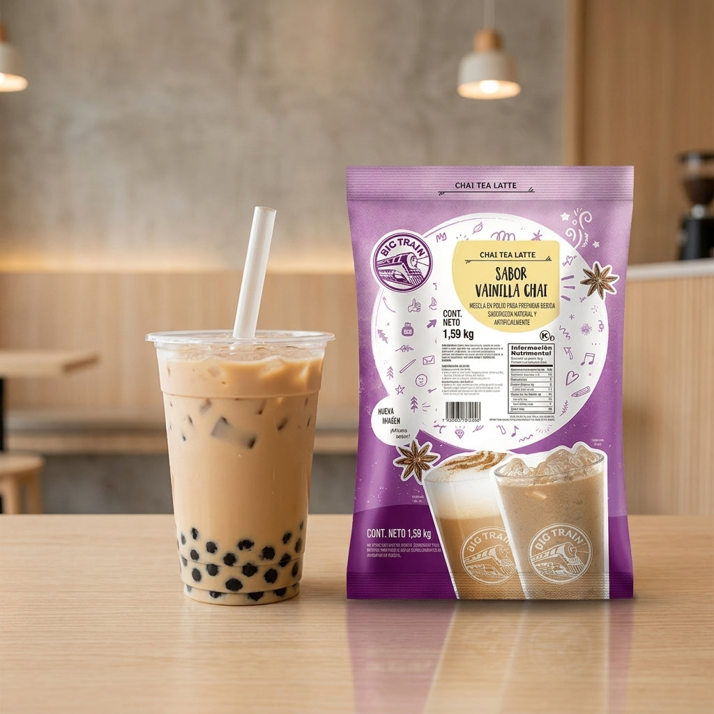 Chai latte bubble tea con perlas de tapioca preparado con Base Big Train Chai Vainilla