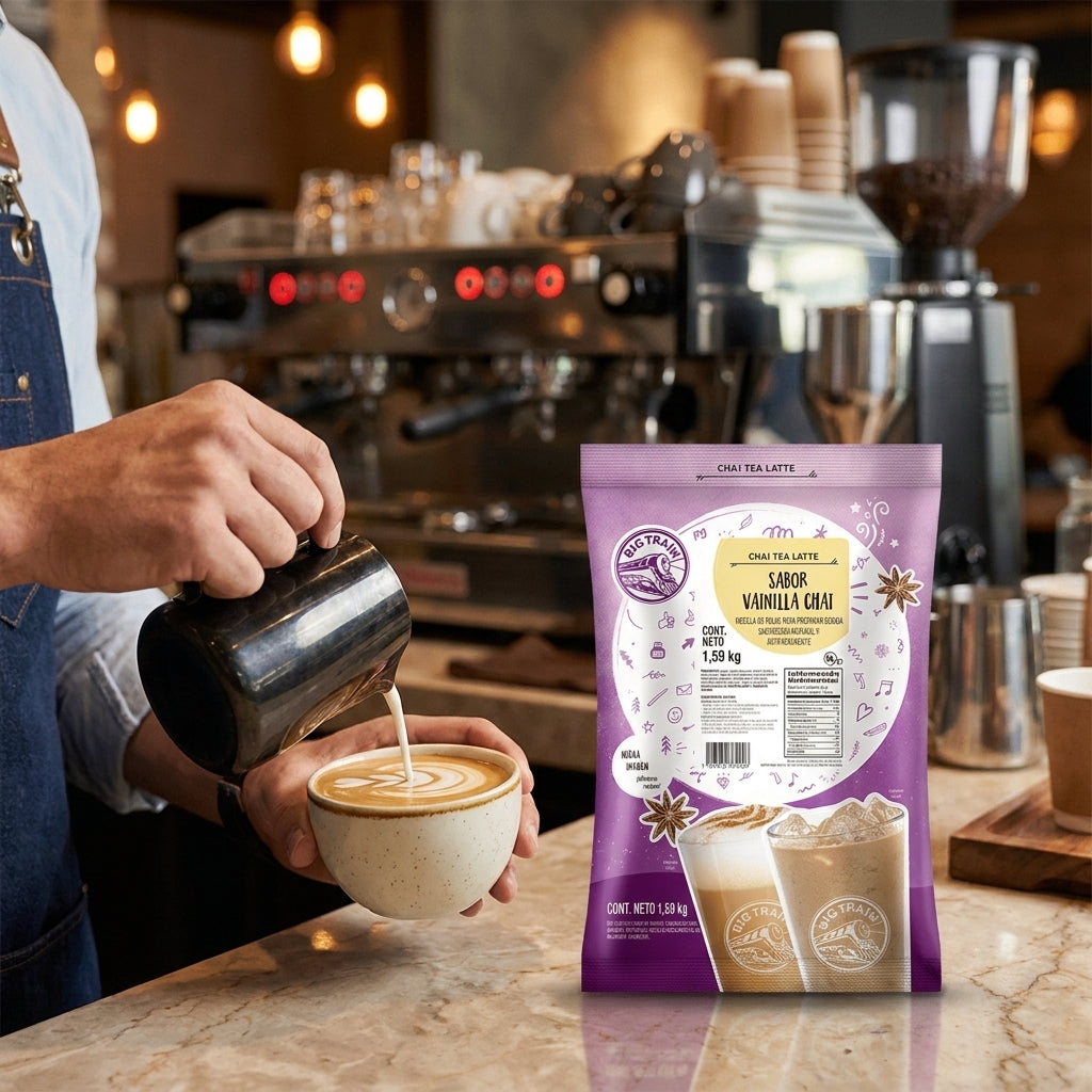 Barista sirviendo chai latte con Base Big Train Chai Vainilla en barra de cafeteria