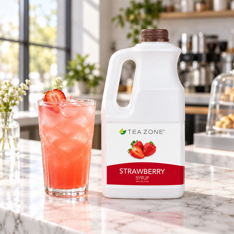Concentrado Fresa Tea Zone Botella 1.9 Litros con bebida preparada en cafetería