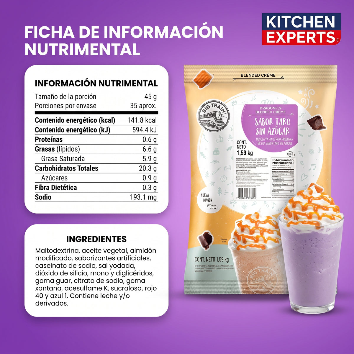 Informacion nutrimental e ingredientes Base Big Train Taro sin Azucar 1.59 kg