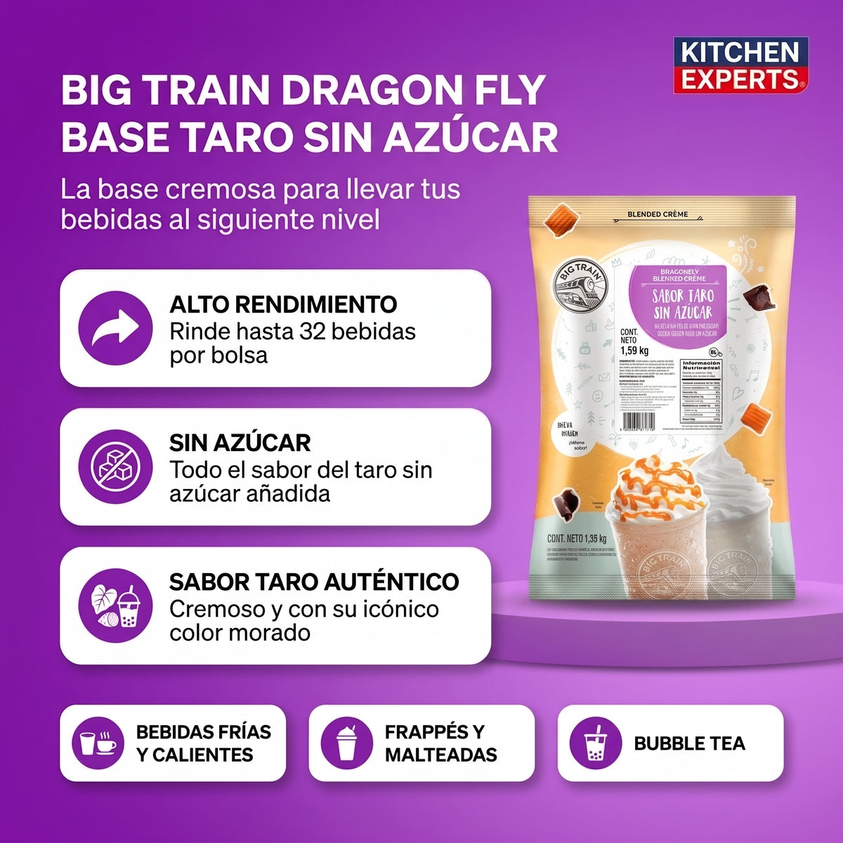 Base Big Train Dragon Fly Taro sin Azucar - beneficios: rinde 32 bebidas, sin azucar - Kitchen Experts