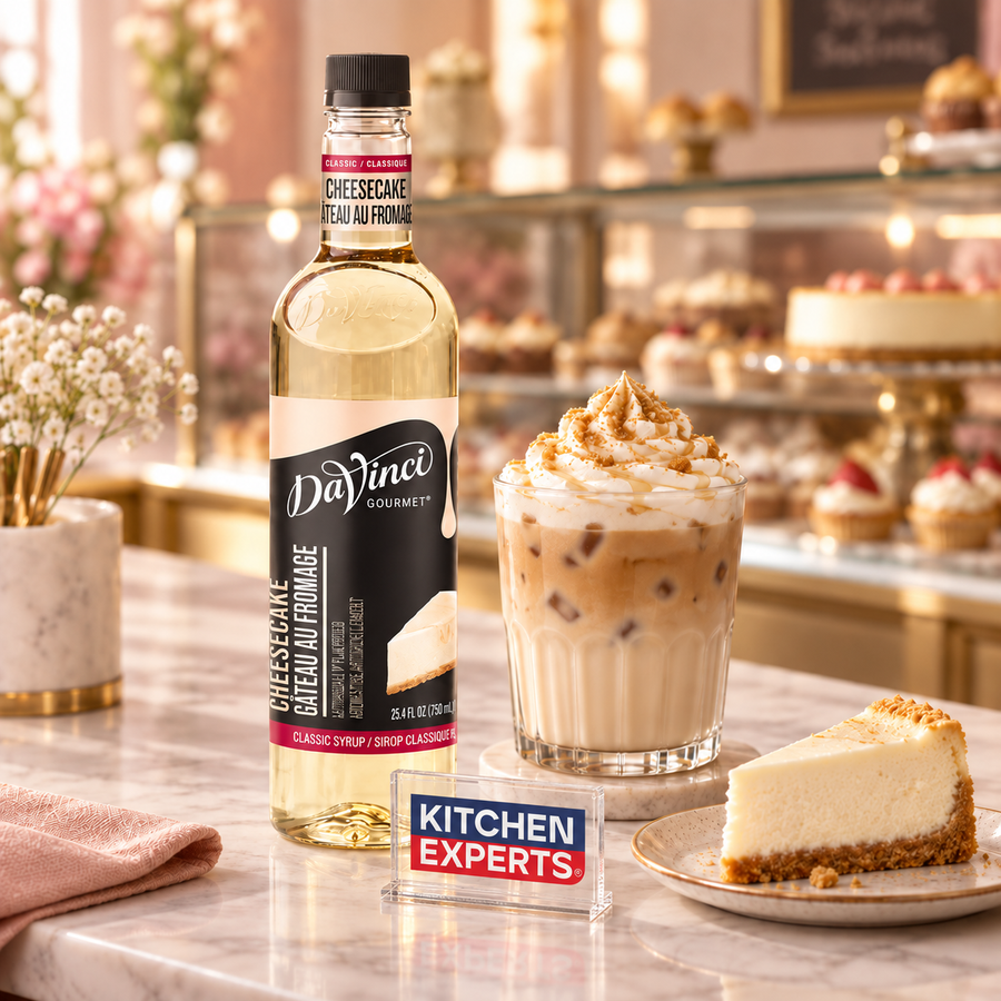 Escena promocional Jarabe DaVinci Cheesecake Botella 750 ml con letrero KEX