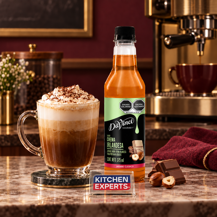 Jarabe DaVinci Gourmet de 375ML Sabor Crema Irlandesa en escena con letrero KEX