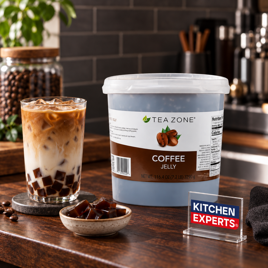 Jellys Café Tea Zone Bote 4 Kilogramos en escena con letrero Kitchen Experts
