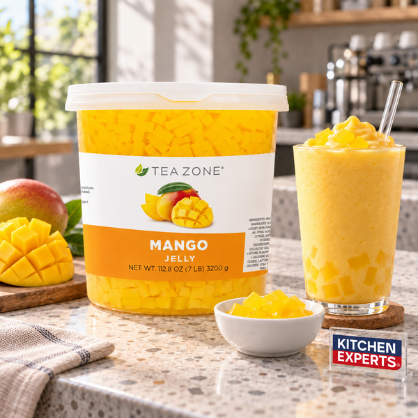 Jellys Mango Tea Zone 3.2 Kilos en escena con letrero Kitchen Experts