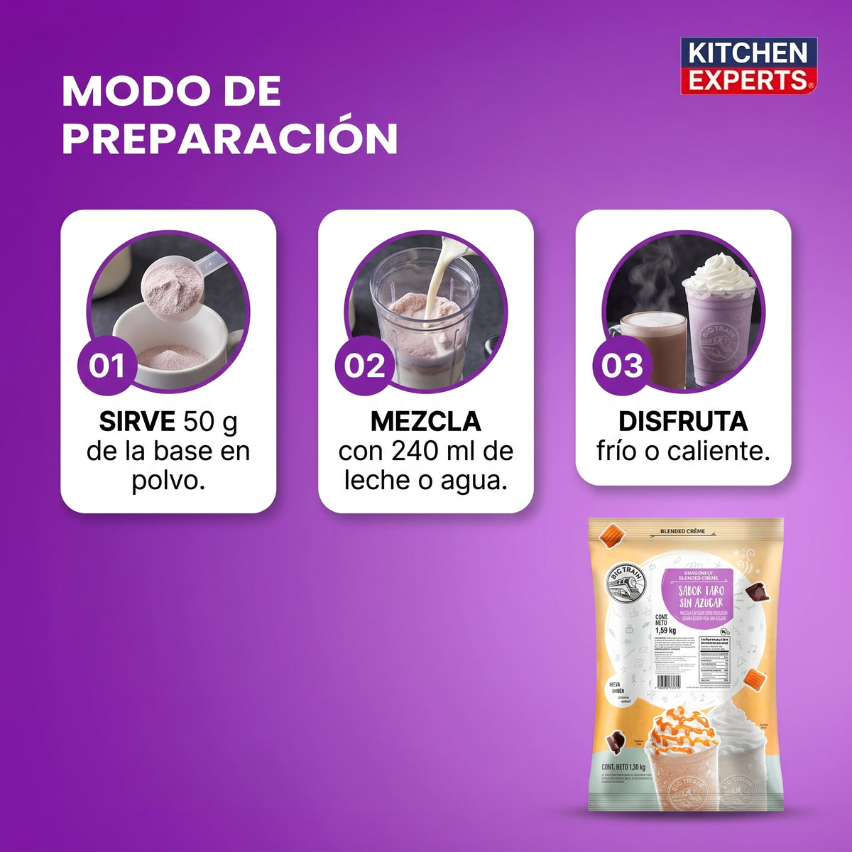 Modo de preparacion frappe taro sin azucar Big Train en 3 pasos