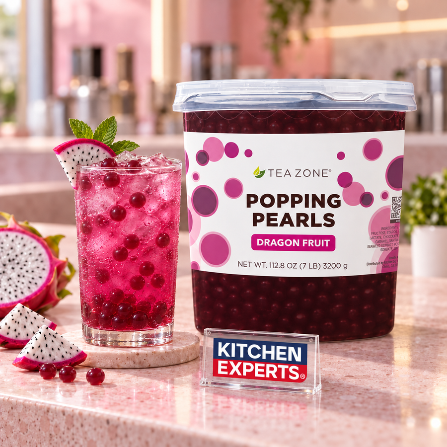 Popping Pearls Dragon Fruit | Tea Zone 3200 Gramos | Perlitas Explosivas | Popping Boba en escena con letrero central Kitchen Experts