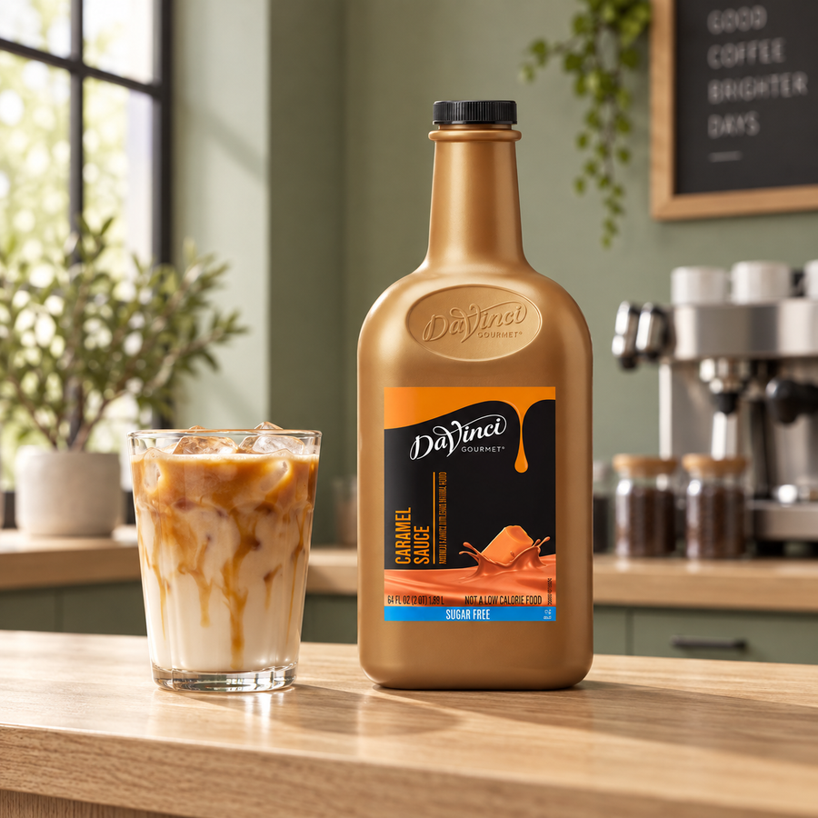 Salsa DaVinci Caramelo Sugar Free Botella 1/2 Galón en ambiente de cafetería KEX