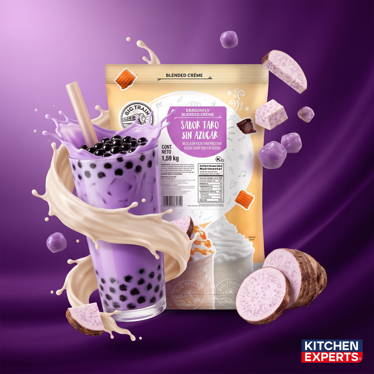 Taro milk tea bubble tea con perlas de tapioca preparado con Base Big Train Taro sin Azucar