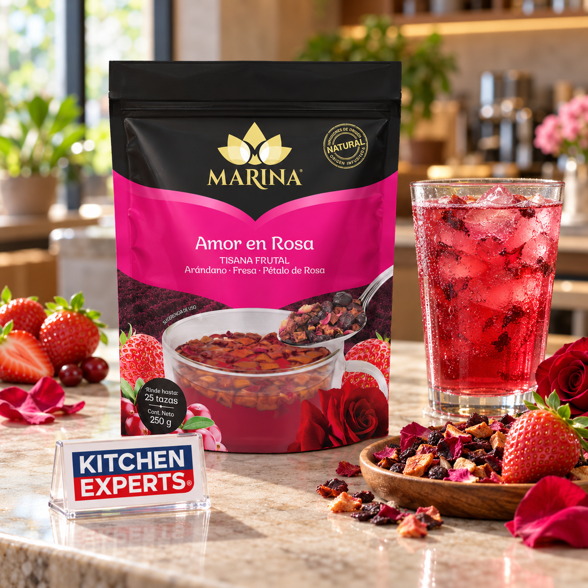 Tisana Frutal Arándano Fresa y Pétalos Amor en Rosa Marina 250g - escena KEX