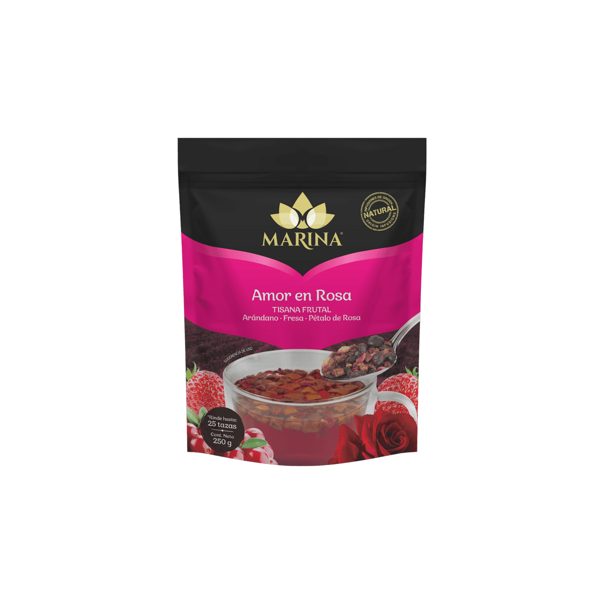 TISANA FRUTAL ARANDANO FRESA Y PETALOS AMOR EN ROSA MARINA BOLSA 500 GRAMOS
