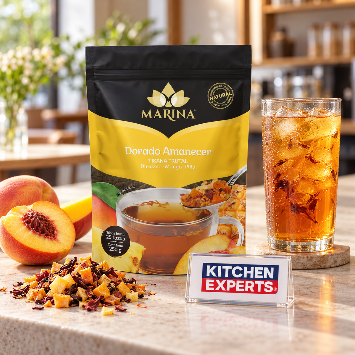 Tisana Frutal Durazno Mango y Piña Dorado Amanecer Marina Bolsa 500 Gramos - escena KEX