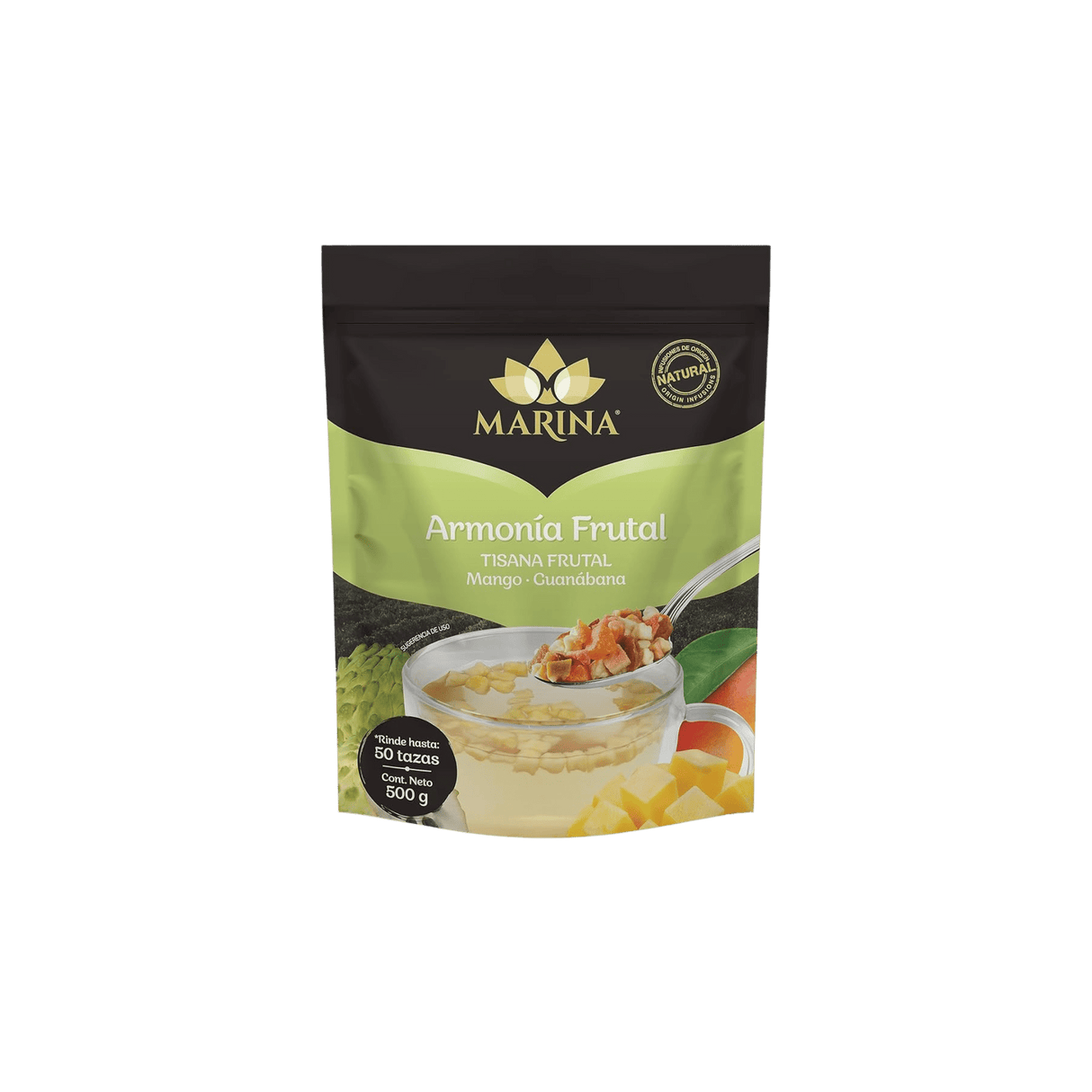 Tisana frutal mango guanábana Marina Gourmet 500g sin cafeína, dulce, tropical y refrescante.