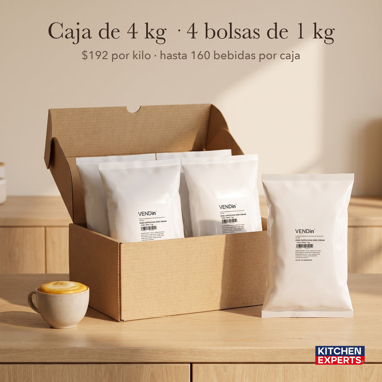 Caja Vendin Cappuccino Irish Cream 4 kg (4 bolsas de 1 kg), $192 por kilo | KEX