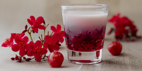 Refrescante bebida de cereza Big Train con semillas de chía, ideal para sorprender a tus clientes con sabores frutales intensos y presentación vibrante.