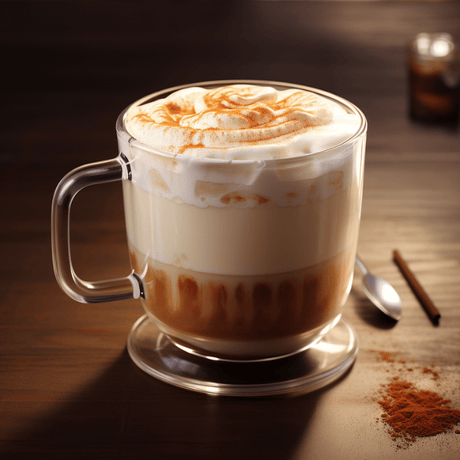 Bebida caliente de arroz con leche y rompope, servida en taza transparente con crema batida y canela espolvoreada.