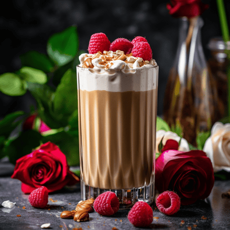  Latte cremoso con caramelo, frambuesas frescas y crema batida. Decorado con almendras y flores.