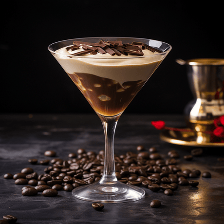 Cóctel elegante de café tostado doble con crema espesa y virutas de chocolate, servido en copa de martini.