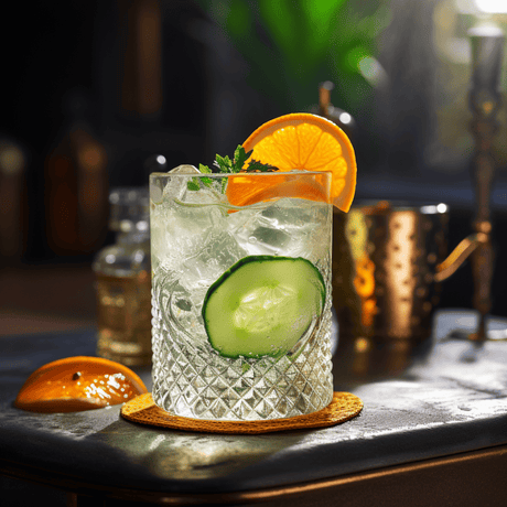 Cóctel refrescante con rodaja de pepino, naranja y hielo en vaso tallado. Bebida cítrica y herbal.