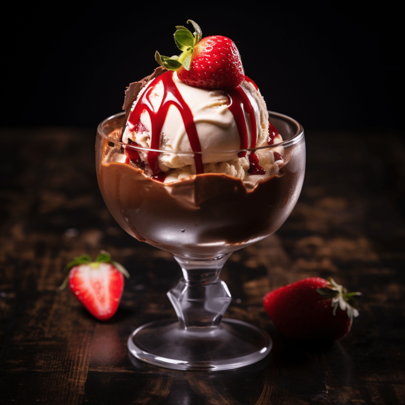 Helado de vainilla con salsa de fresa y base de chocolate en copa elegante, decorado con fresa fresca y virutas de chocolate.