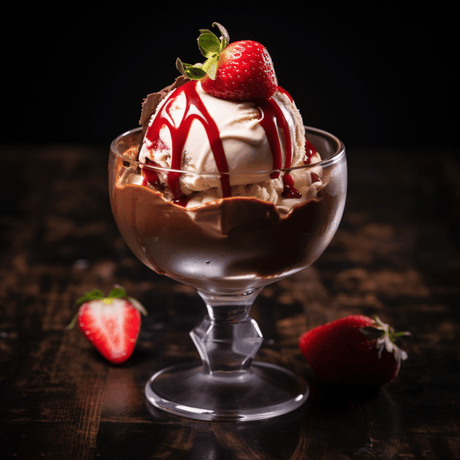 Helado de vainilla con salsa de fresa y base de chocolate en copa elegante, decorado con fresa fresca y virutas de chocolate.