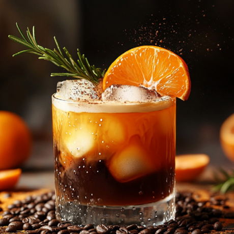 Espresso con mandarina, hielo y decoración de romero en vaso corto.