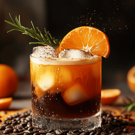 Espresso con mandarina, hielo y decoración de romero en vaso corto.