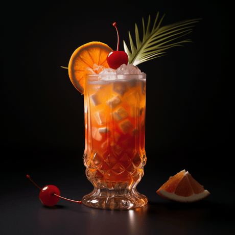 Cóctel europeo en vaso tallado con naranja, cereza y hielo. Bebida sofisticada de tonos rojizos y dorados.