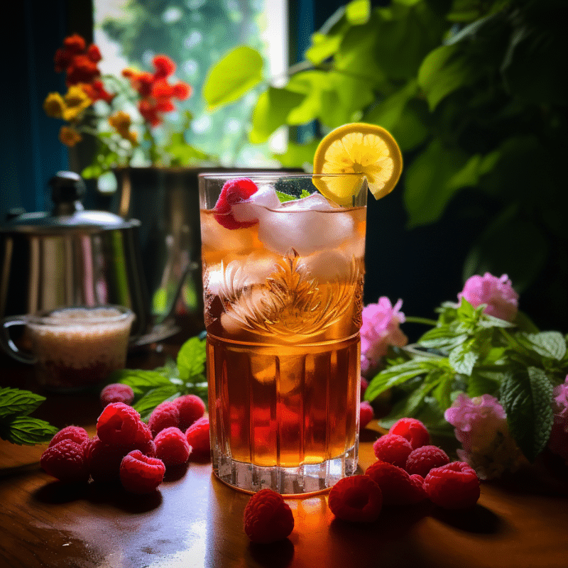 Té helado servido en vaso alto con frambuesas, rodaja de limón y hielo, rodeado de flores y hojas frescas en ambiente natural.