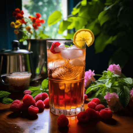 Té helado servido en vaso alto con frambuesas, rodaja de limón y hielo, rodeado de flores y hojas frescas en ambiente natural.