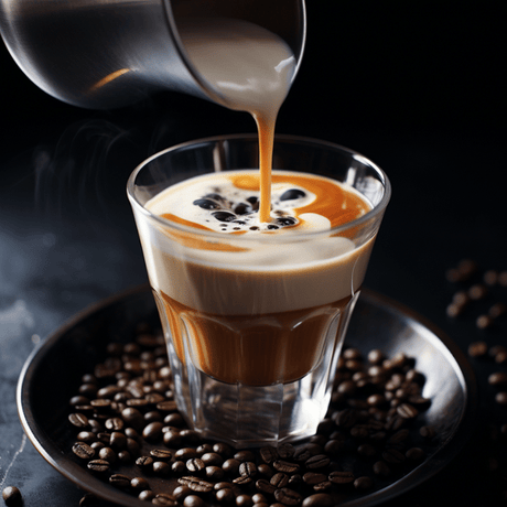 Vaso corto con café cremoso y leche servida, rodeado de granos de café sobre bandeja oscura.