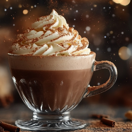 Latte caliente de chocolate y avellana con crema batida y canela en taza de vidrio.