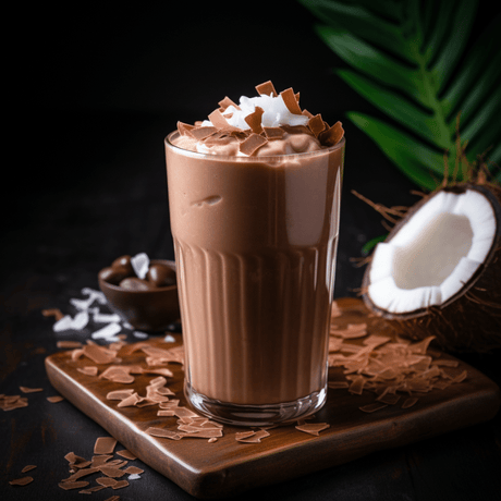 Bebida fría de mocha con coco rallado, servida en vaso alto con crema batida y virutas de chocolate, decoración tropical.
