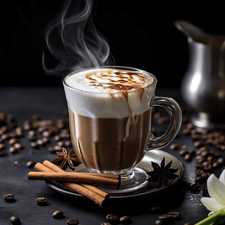 Taza de mocha caliente con espuma cremosa, canela en rama y anís estrellado sobre fondo oscuro.