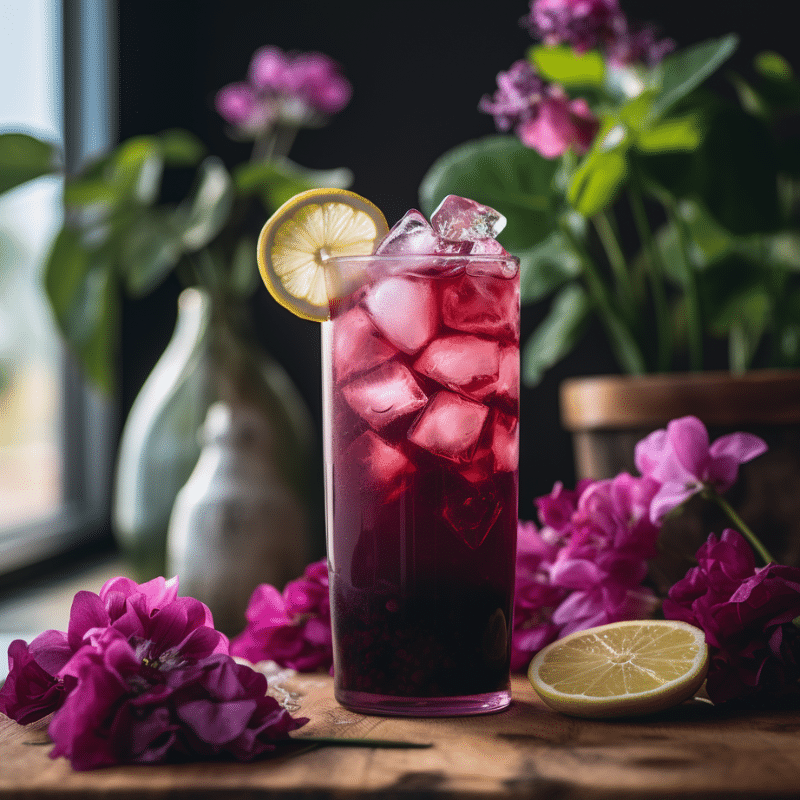 Vaso alto de cold brew de durazno con hielo y rodaja de limón, rodeado de flores frescas.