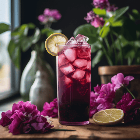 Vaso alto de cold brew de durazno con hielo y rodaja de limón, rodeado de flores frescas.