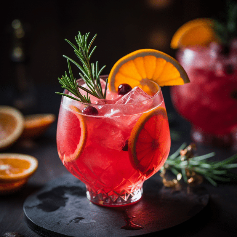 Ponche de frutas rojas con rodajas de naranja, romero fresco y arándanos. Bebida colorida, refrescante y festiva.