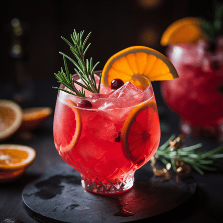 Ponche de frutas rojas con rodajas de naranja, romero fresco y arándanos. Bebida colorida, refrescante y festiva.