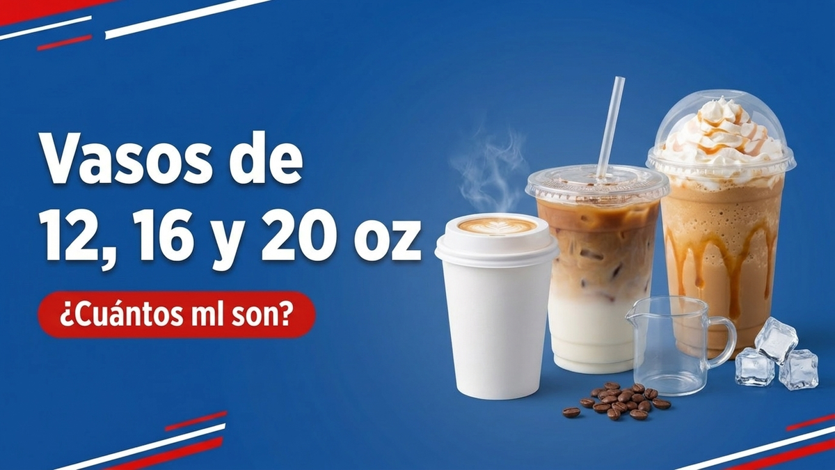 Vasos de 12, 16 y 20 oz: vaso de papel con latte, vaso PET con café helado y vaso PET con frappé, jarra medidora, café y hielo