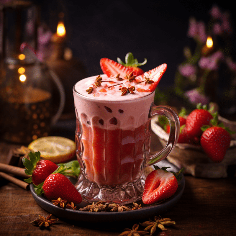 Bebida fría de chai con fresa, servida en vaso de cristal tallado con hielo, decorada con anís estrellado y rodajas de fresa fresca.