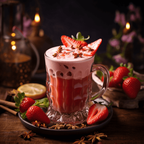 Bebida fría de chai con fresa, servida en vaso de cristal tallado con hielo, decorada con anís estrellado y rodajas de fresa fresca.